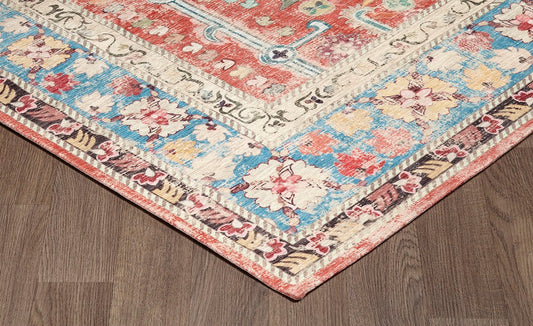 Sparx Medallion Orange Blue Distressed Washable Modern Rug by Viana