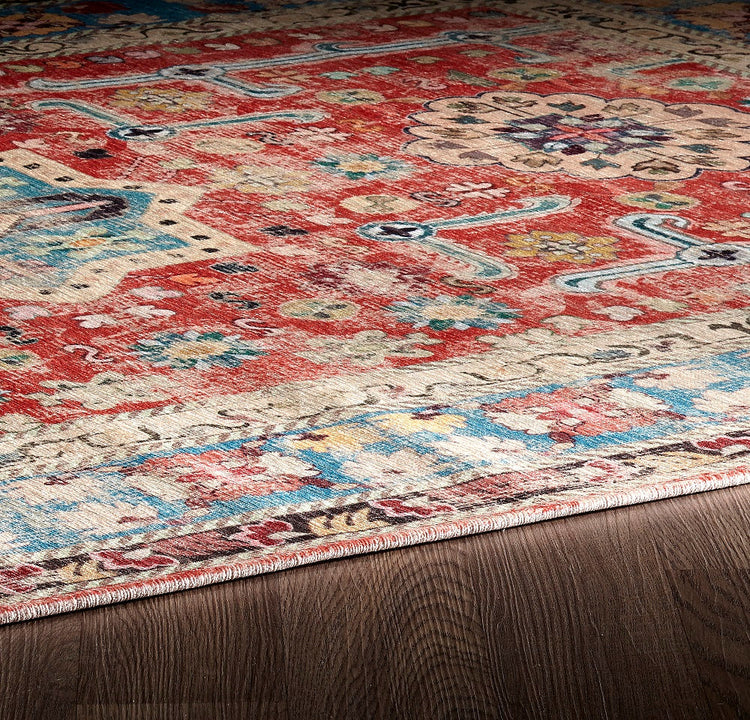 Sparx Medallion Orange Blue Distressed Washable Modern Rug by Viana