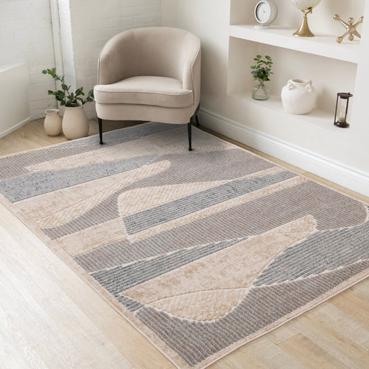 Alta Blue Beige Grey Striped Sandbanks Design Rug