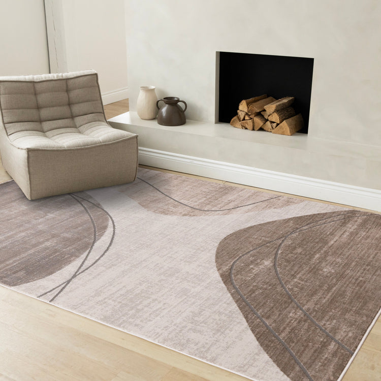 Legacy Taupe Beige White Grey Rounded Shapes Design Rug