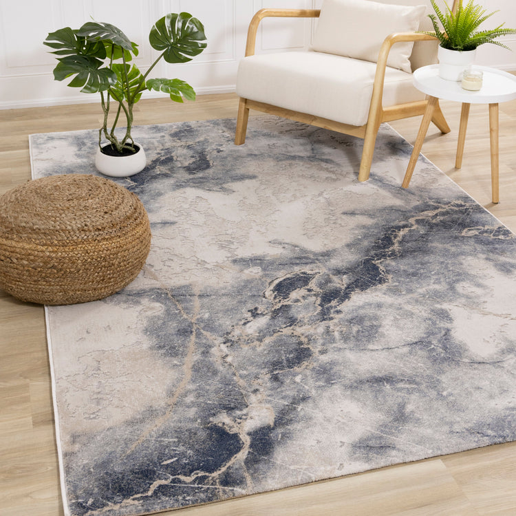 Luca Blue Cream Marble Print Rug