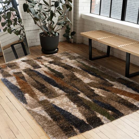 Posh Blue Orange Green Brown Brush Strokes Design Rug
