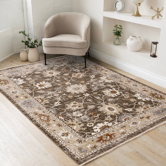 Serene Brown Orange Cream Grey Elegant Border Rug