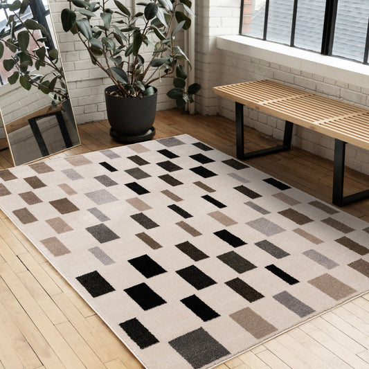 Shade Black Grey White Taupe Rectangle Rows Design Rug