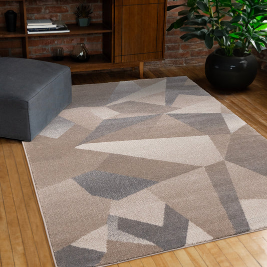 Shade Taupe Beige Grey White Shattered Geometric Design Rug