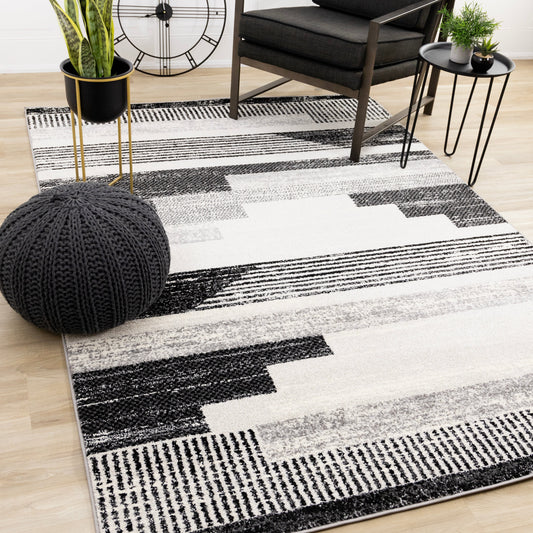 Swift Black White Patterned Lines Rug