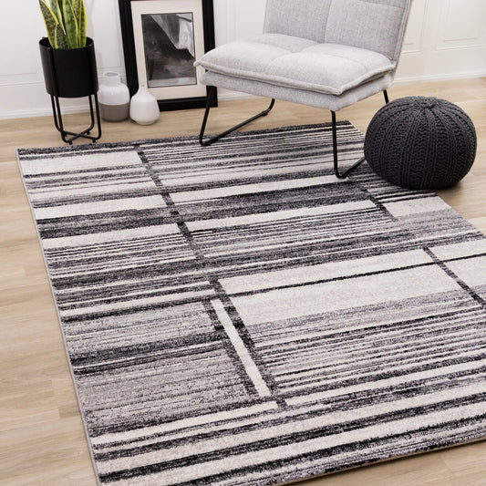 Slate Black Grey White Distressed Lines Rug