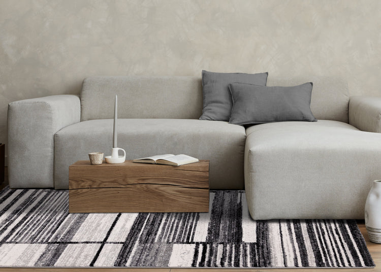 Slate Black Grey White Distressed Lines Rug