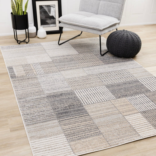 Swift White Grey Beige Striped Blocks Rug