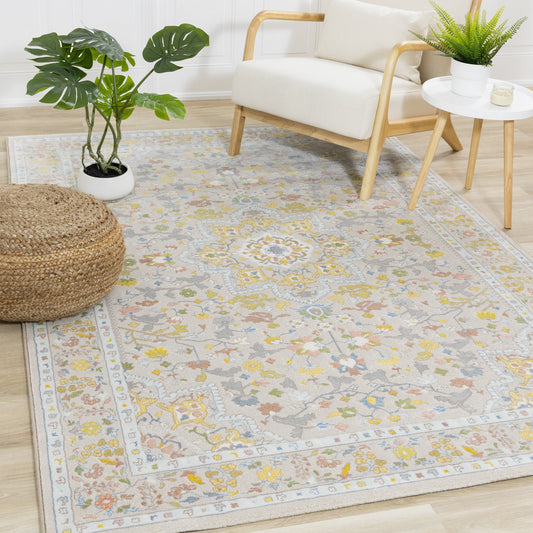 Alfombra Belle Classic con borde en crema, amarillo y azul de Kalora Interiors