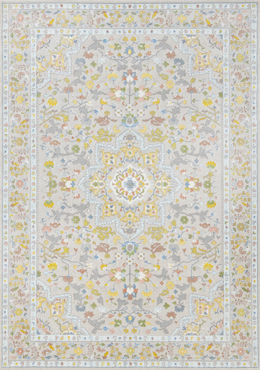 Alfombra Belle Classic con borde en crema, amarillo y azul de Kalora Interiors