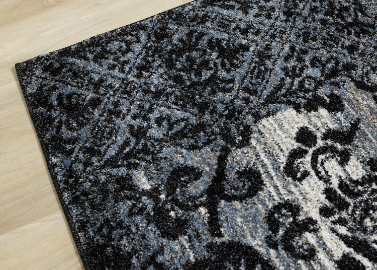 Breeze Blue Black Cream Pattern Patchwork Rug by Kalora Interiors