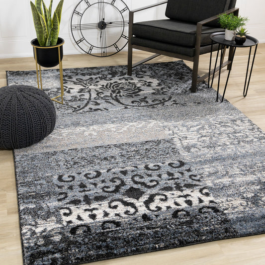 Breeze Blue Black Cream Pattern Patchwork Rug by Kalora Interiors