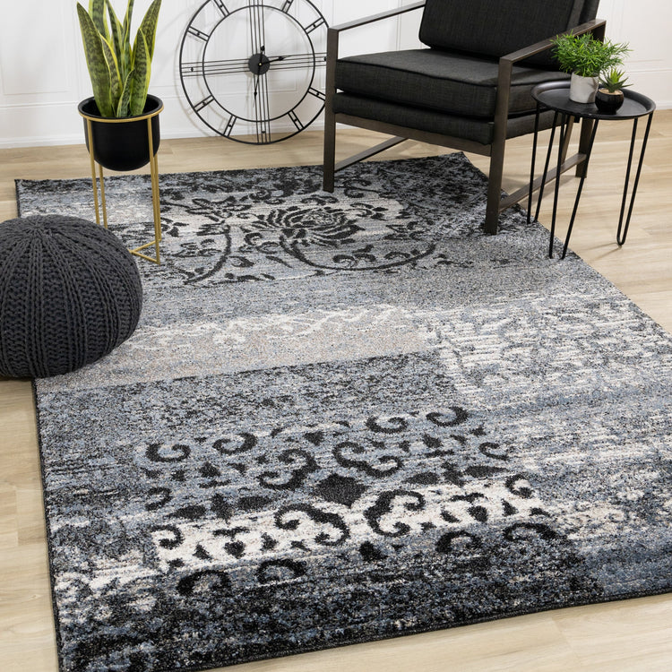 Breeze Blue Black Cream Pattern Patchwork Rug by Kalora Interiors