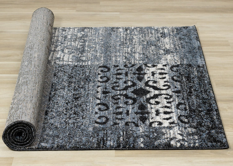 Breeze Blue Black Cream Pattern Patchwork Rug by Kalora Interiors
