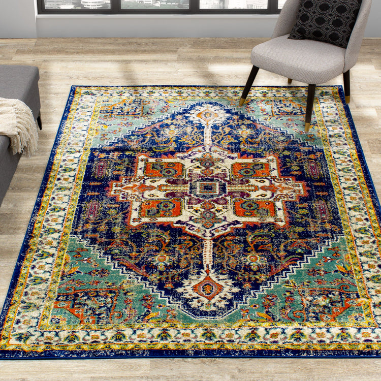 Brighton Blue Beige Multicolour Traditional Rug by Kalora Interiors