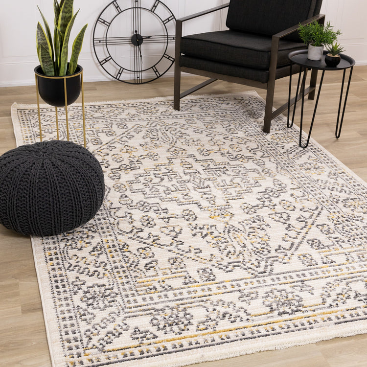 Calabar Cream Grey Yellow Elaborate Border Rug by Kalora Interiors