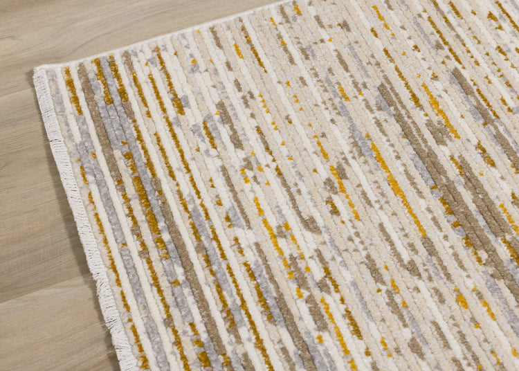 Calabar Cream Yellow Grey Distressed Carved Pile Striped Rug by Kalora Interiors