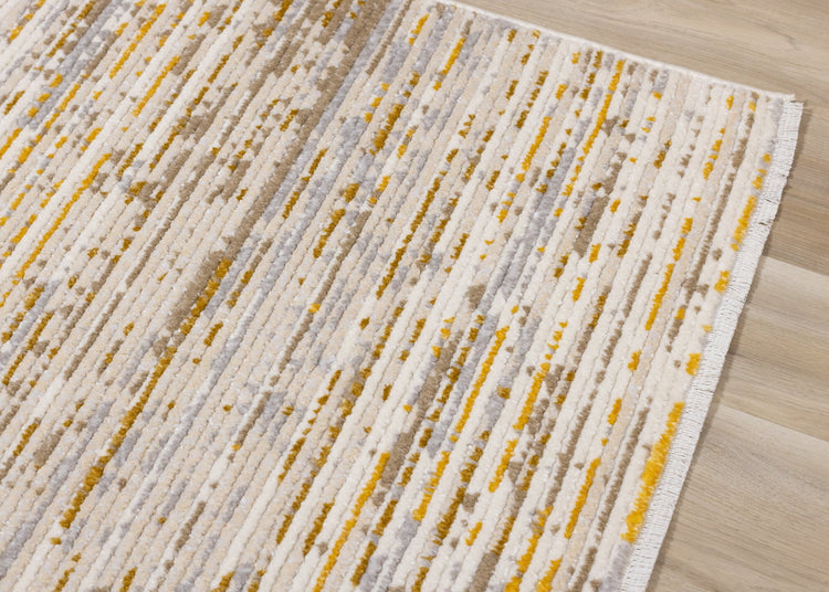 Calabar Cream Yellow Grey Distressed Carved Pile Striped Rug by Kalora Interiors