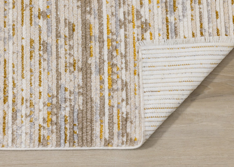 Calabar Cream Yellow Grey Distressed Carved Pile Striped Rug by Kalora Interiors