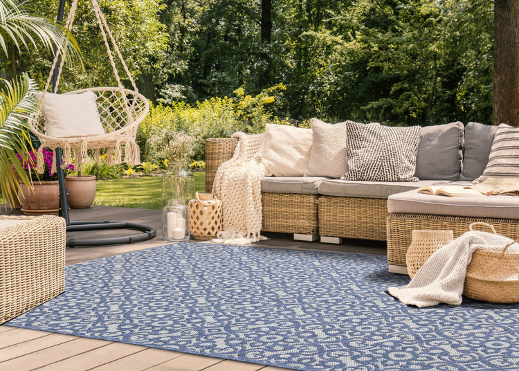 Canopy Blue Damask Flatweave Outdoor Rug by Kalora Interiors