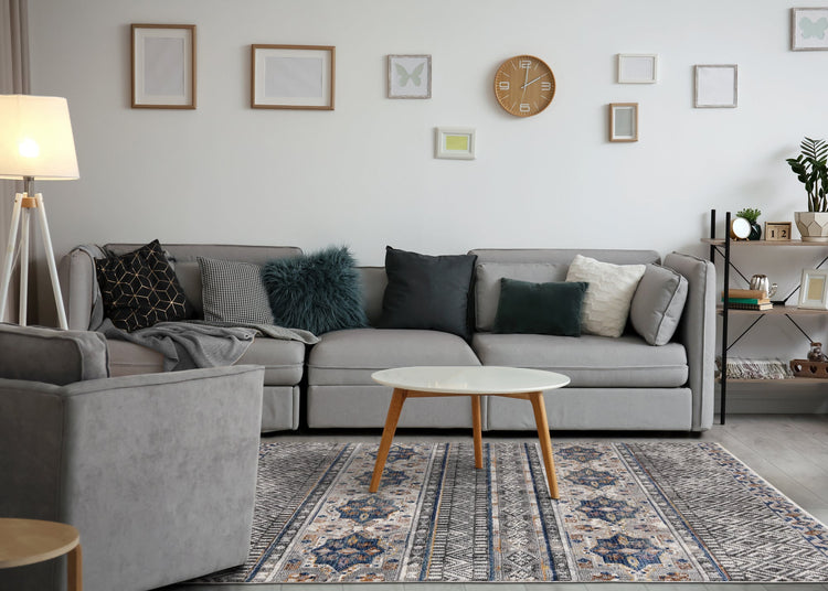 Evora Grey Blue Orange Southwest Area Rug Kalora Interiors