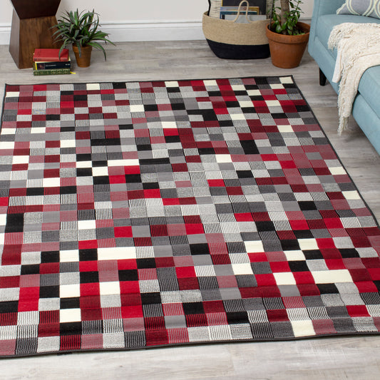 Fiona 700669_11944 Red Grey Black Tiny Blocks Alfombra de Novelle Home