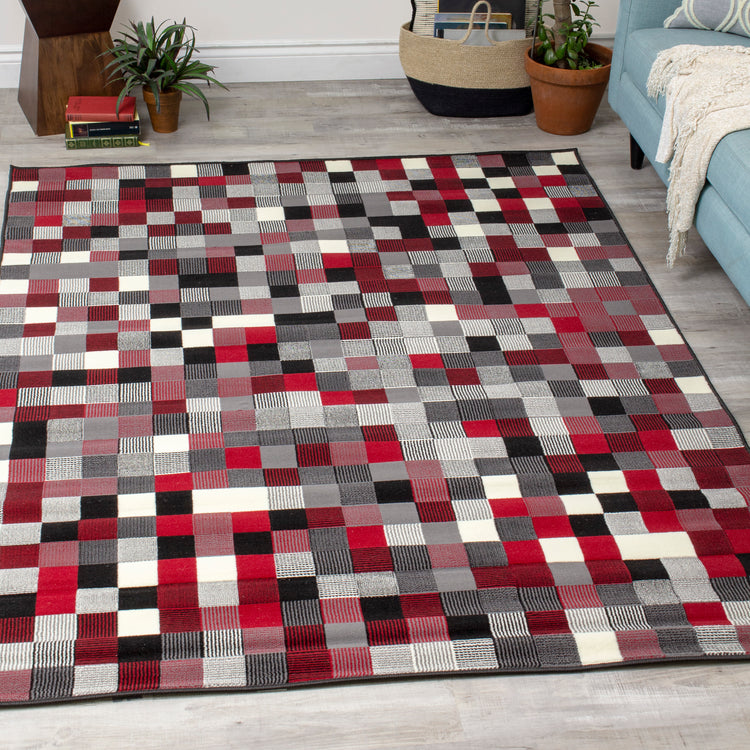 Fiona 700669_11944 Red Grey Black Tiny Blocks Rug by Novelle Home