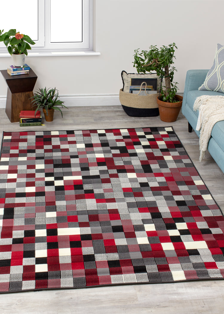 Fiona 700669_11944 Red Grey Black Tiny Blocks Rug by Novelle Home