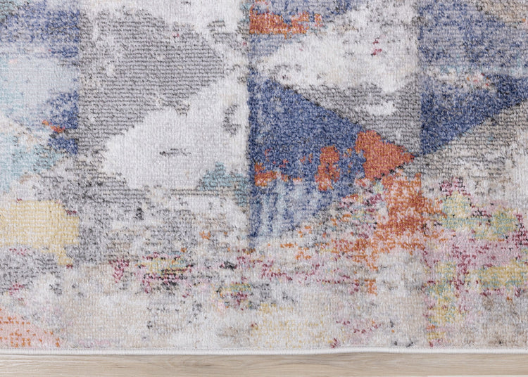 Fresco Distressed Grey Pink Blue Yellow Triangular Pattern Rug by Kalora Interiors
