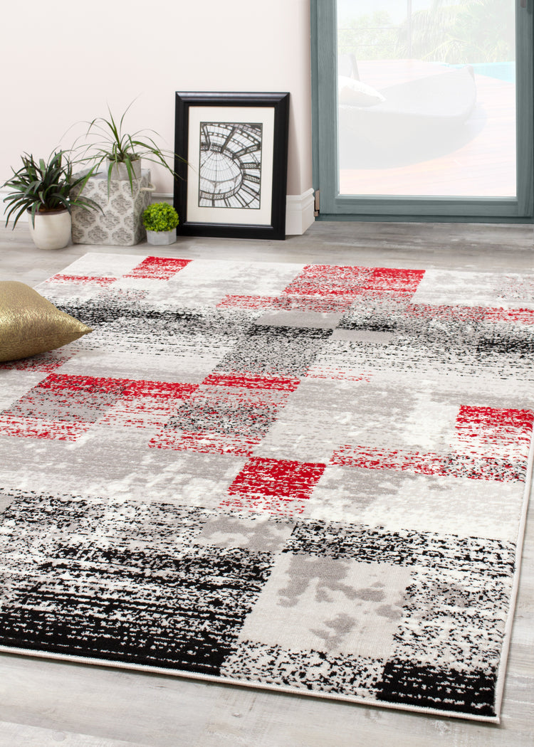 Meridian A608_0767 Red Distressed Rectangles Area Rug by Novelle Home