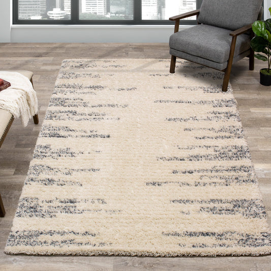 Rondo Cream Blue Modern Striped Rug by Kalora Interiors