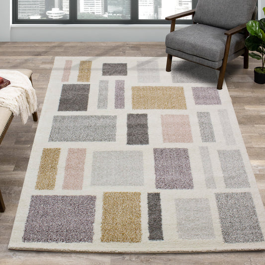 Sable Cream Purple Yellow Blocks Rug by Kalora Interiors