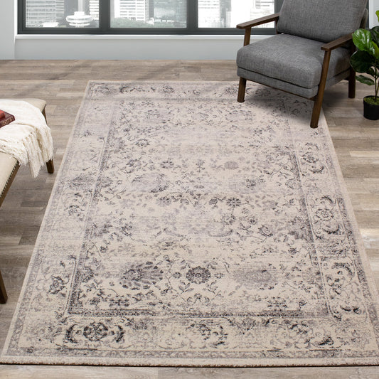 Safi Cream Grey Traditional Border Rug by Kalora Interiors