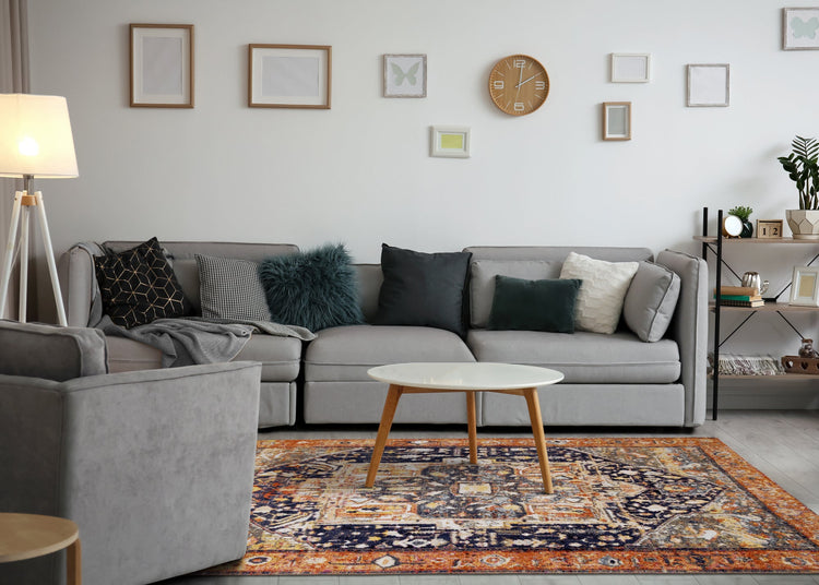 Sara Black Orange Ornate Border Rug by Kalora Interiors