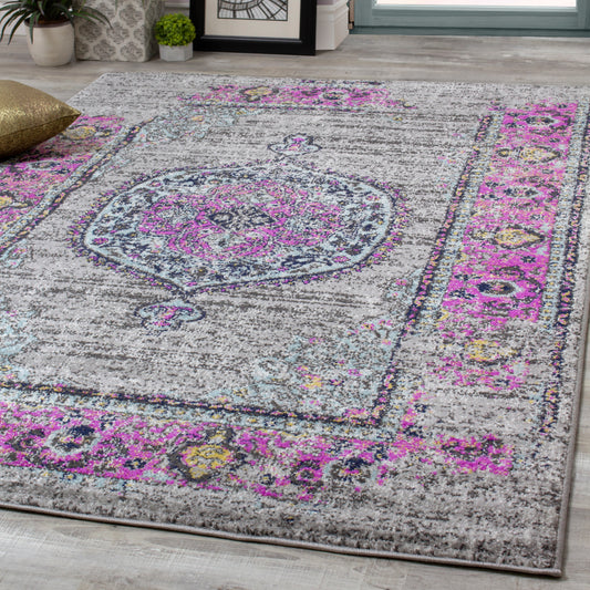 Sovereign B239_0929 Pink Border Blue Orb Oriental Style Area Rug by Novelle Home