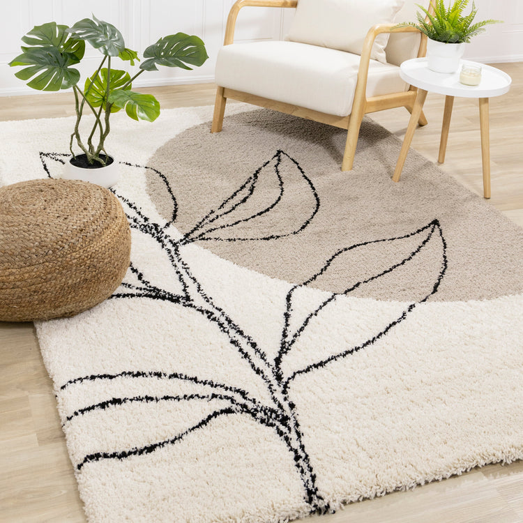 Maroq Cream Brown Grey Sprouting Vine Shag Rug by Kalora Interiors
