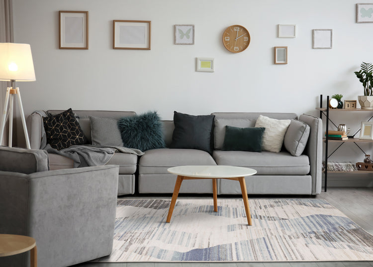 Fresco Cream Blue Grey Distressed Diamond Pattern Rug by Kalora Interiors