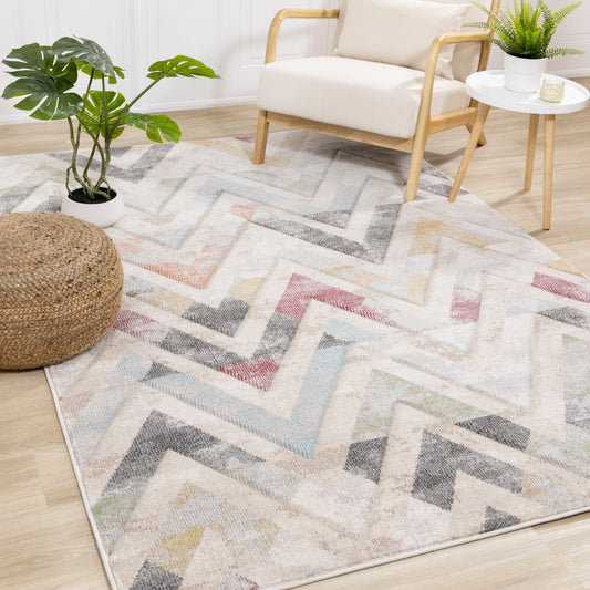 Alfombra en chevron tallada envejecida Folio Cream Gray Blue Pink Yellow de Kalora Interiors