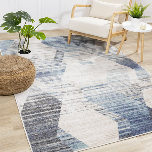 Alfombra con estampado de rombos envejecido azul gris crema Fresco de Kalora Interiors