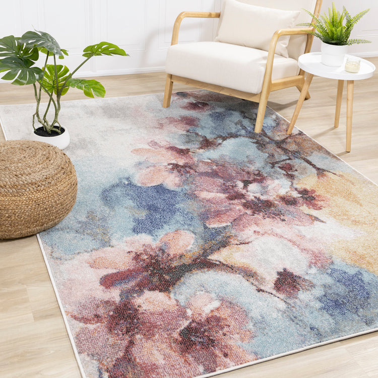 Fresco Blue Pink Yellow Cherry Blossom Rug by Kalora Interiors