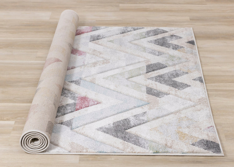 Folio Cream Grey Blue Pink Yellow Distressed Carved Chevron Rug by Kalora Interiors