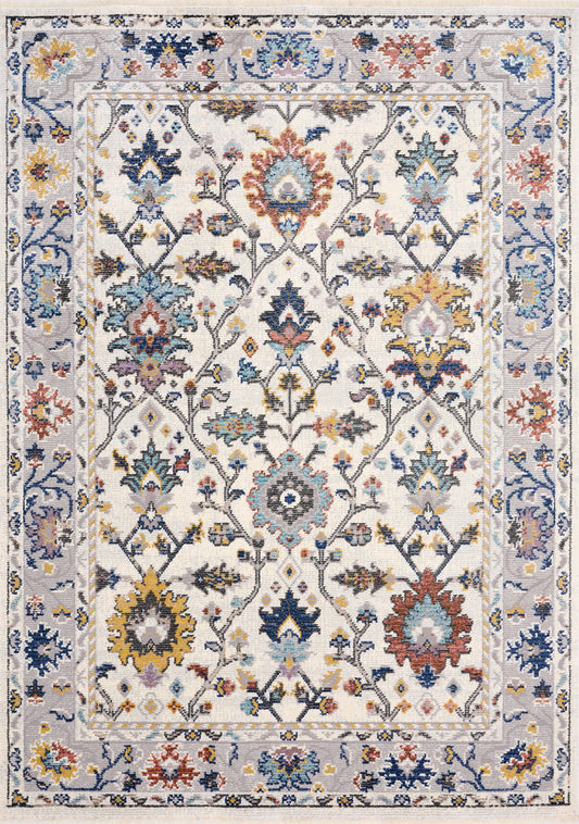 Evora Cream Pink Blue Yellow Floral Vine Border Rug by Kalora Interiors