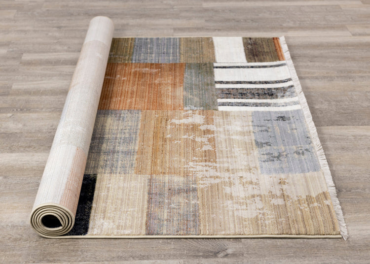 Serene Beige Orange Blue Cream Patchwork Quilt Design Rug by Kalora Interiors