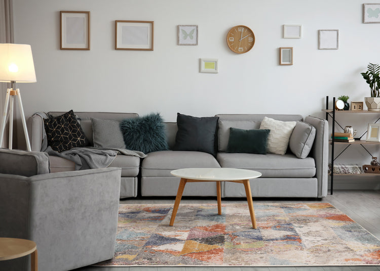 Fresco Distressed Grey Pink Blue Yellow Triangular Pattern Rug by Kalora Interiors
