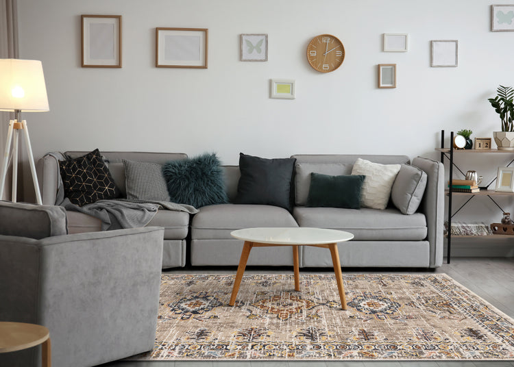 Evora Beige Rust Blue Contemporary Medallion Rug by Kalora Interiors