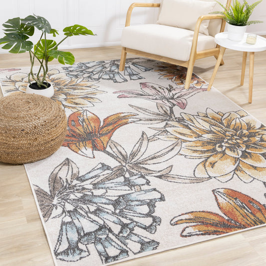 Alfombra con estampado floral Fresco en azul, amarillo, naranja y rosa de Kalora Interiors