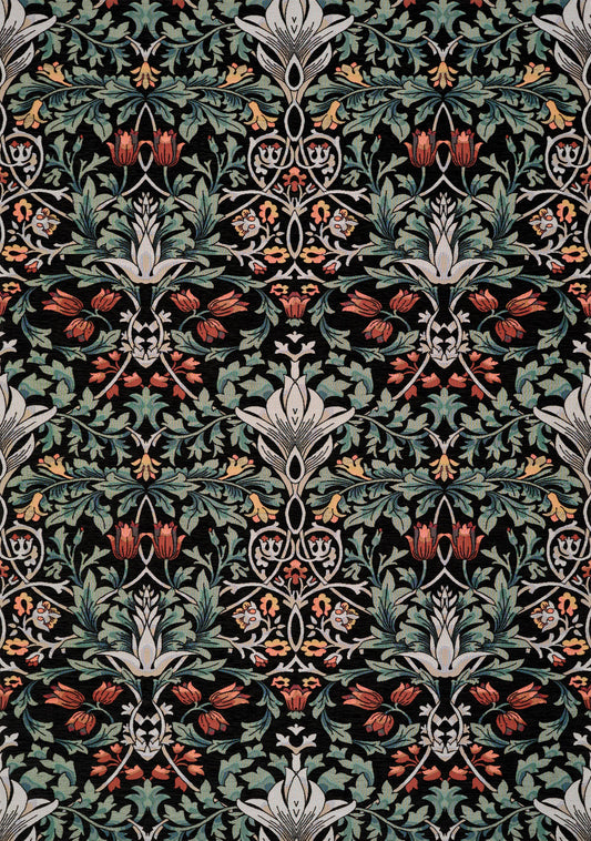 Alfombra con estampado floral simétrico en verde catedral, negro, rojo, gris y amarillo de Kalora Interiors