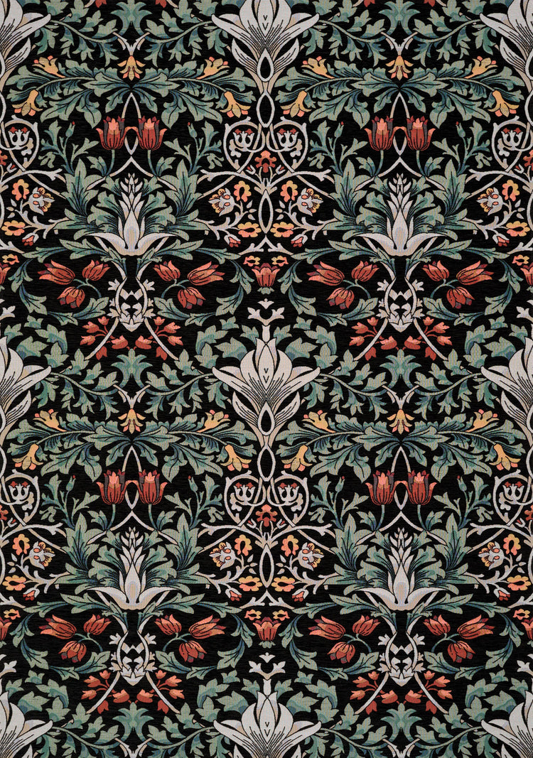 Cathedral Green Black Red Grey Yellow Symmetrical Floral Print Rug by Kalora Interiors