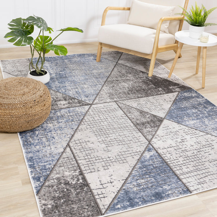 Darcy Grey Cream Blue Angular Carved Pile Rug by Kalora Interiors